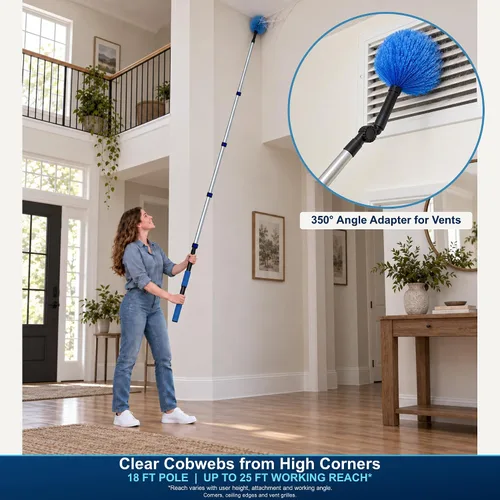 Vista 3 de Kits de plumero para techos altos de 25 pies con poste de extensión de servicio pesado de 5 a 18 pies - Limpiador de aspas de ventilador, removedor