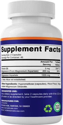 Vista 8 de Vitamatic Aspartato de magnesio 400 mg por porción - 90 cápsulas vegetarianas - B6 añadido para una máxima absorción - Apoya la salud muscular