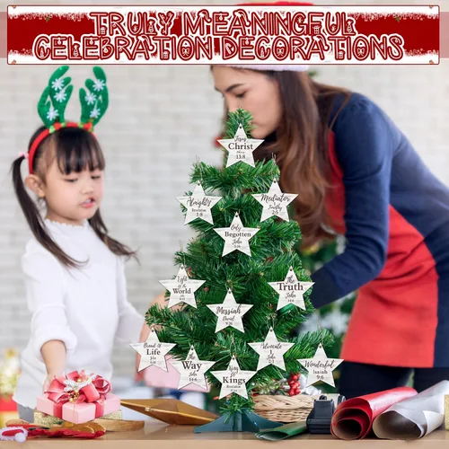 Vista 6 de Landhoow 24 piezas de adornos navideños con nombres de Jesucristo, adornos colgantes de madera con los nombres del salvador, adorno para árbol