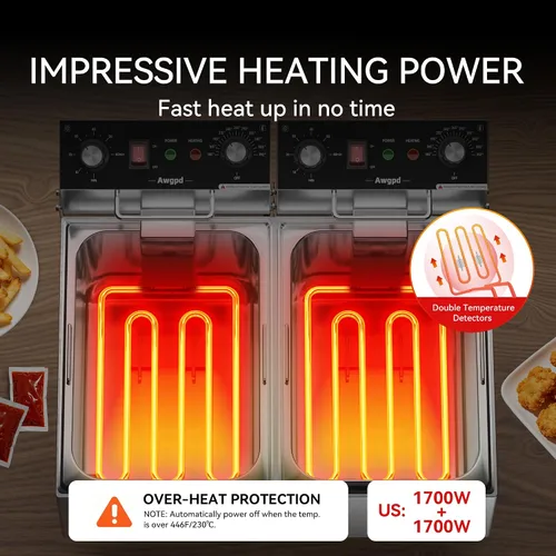 Vista 6 de Freidora comercial, freidora eléctrica de encimera de 3400 W, 20.7 cuartos de galón con 6.35 cuartos de galón x 2 cestas de acero inoxidable