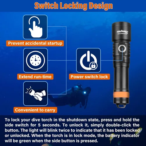 Vista 3 de ORCATORCH D710 Luz de Buceo, Linterna Subacuática Super Brillante de 3000 Lúmenes con Haz Estrecho de 6 Grados, Antorcha de Buceo Nocturna Negro