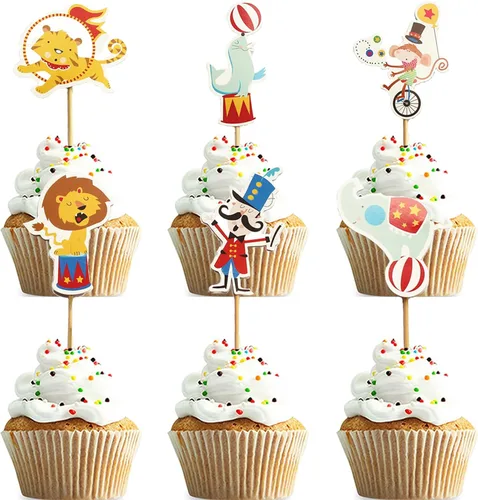 Vista 7 de Decoración para cupcakes de circo, 24 piezas de adornos de carnaval para cupcakes
