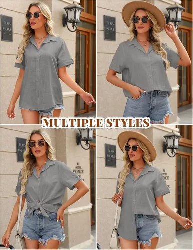 Vista 2 de HOTOUCH Camisa de lino con botones para mujer, de algodón, de manga corta, cuello en V, con botones, para verano y playa