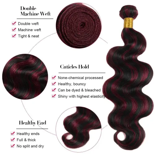 Vista 3 de P1B/99J - Paquetes de cabello humano ondulado de 12 pulgadas P1B/99J Negro Mezclado Con Borgoña BD