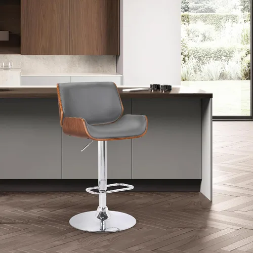 Vista 11 de Armen Living London Taburete de bar moderno giratorio de altura ajustable de piel sintética gris y madera de nogal con base cromada para encimera