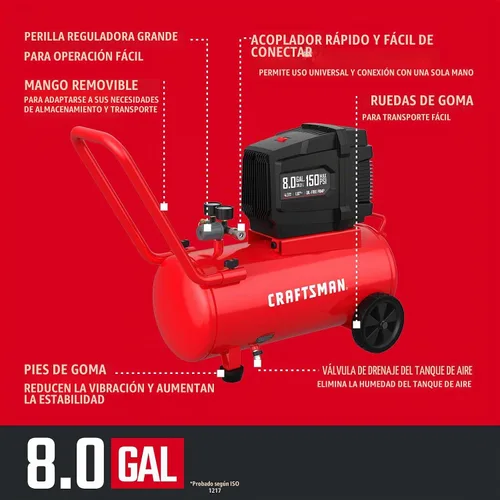 Vista 2 de CRAFTSMAN Compresor de aire de 8 galones sin aceite 1,8 HP presión máxima de 150 PSI tanque horizontal portátil
