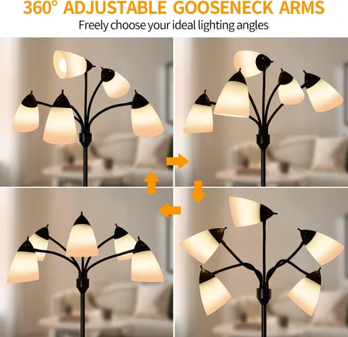 Vista 8 de DLLT - Lámpara de pie moderna para habitación: 5 luces flexibles de cuello de cisne negro lámparas de pie para sala de estar, dormitorio, hogar