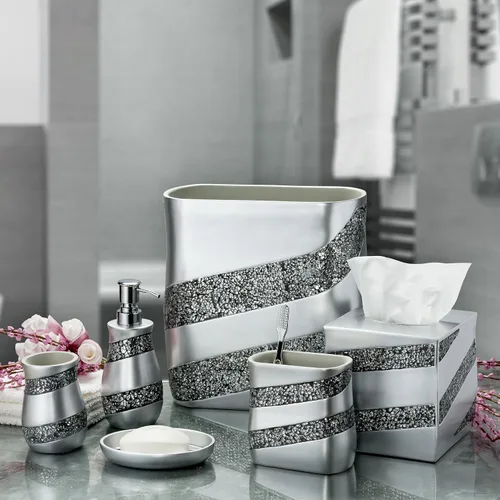 Vista 6 de Creative Scents Dispensador de jabón líquido de mosaico plateado para baño, dispensador de loción decorativo, dispensador de jabón de encimera