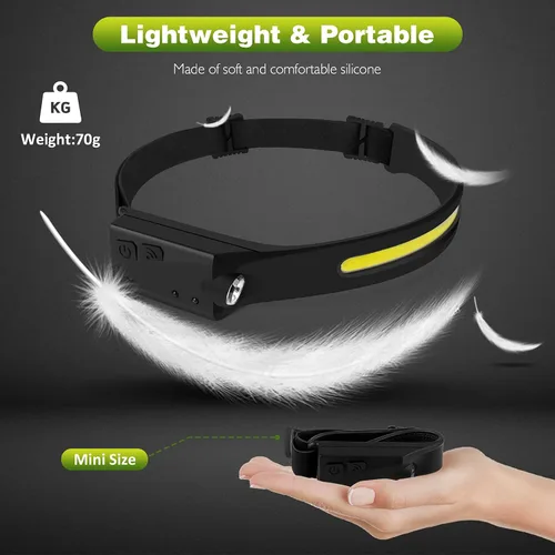 Vista 8 de Linterna frontal LED, paquete de 2 faros recargables con haz de 230° de ancho, sensor de movimiento, 5 modos, linterna ligera a prueba de sudor