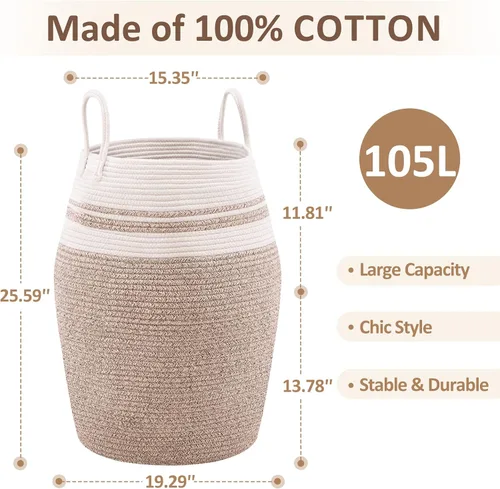 Vista 5 de Cesta de lavandería de cuerda de algodón YOUDENOVA, 105 l - Cesta de lavandería tejida plegable - Cesta de almacenamiento de ropa para cobijas