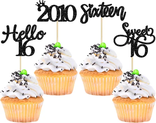 Vista 9 de Gyufise Paquete de 24 adornos negros para cupcakes de 10.º cumpleaños con purpurina negra 10 Ten Hello 10 Dights dobles desde 2015 para decoraciones