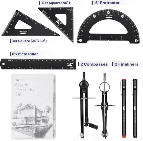 Vista 3 de Mr. Pen - Juego profesional de geometría, 15 piezas, kit de geometría negro para artistas y estudiantes, juego de geometría, reglas metálicas