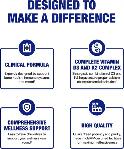 Vista 9 de Suplemento masticable de vitamina D y K2 – Clínico D3 K2 2000IU para dientes óseos, estado de ánimo y apoyo inmunológico más absorción de calcio