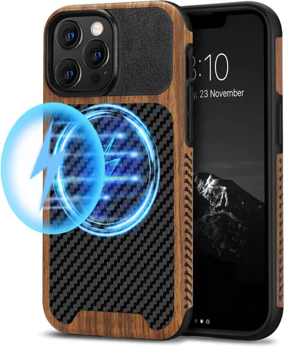 Vista 11 de TENDLIN Compatible con iPhone 13 Pro Max, funda de grano de madera con textura de fibra de carbono, funda híbrida de cuero compatible con iPhone 13