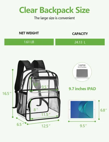Vista 4 de MAY TREE Mochila Transparente Aprobada para Estadios para Mujeres y Hombres, Bolsa Transparente para Eventos, Negro, Grande