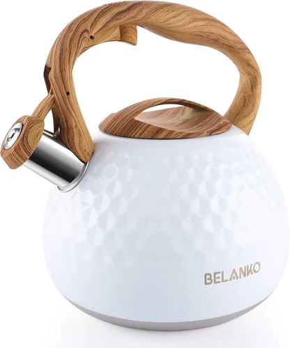Vista 11 de BELANKO - Tetera de acero inoxidable de 2.7 cuartos de galón para estufa, de grado alimenticio con mango de patrón de madera, con silbido fuerte