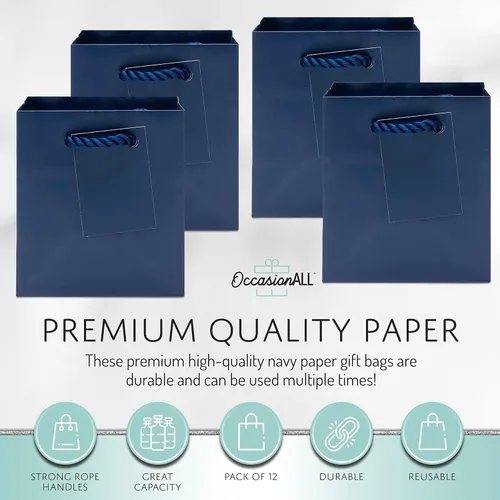 Vista 3 de OccasionALL Bolsas de regalo extra pequeñas de color azul marino de 4 x 2.75 x 4.5 pulgadas, mini bolsas de regalo de papel con asas para tarjetas
