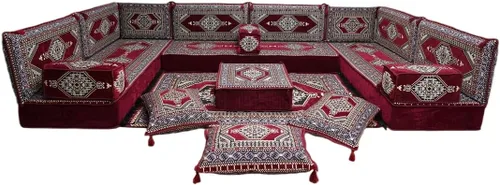 Vista 142 de arabicsofa Sofá en forma de U de estilo árabe para el suelo – Juego de Majlis hecho a mano – Sofá de estilo bohemio
