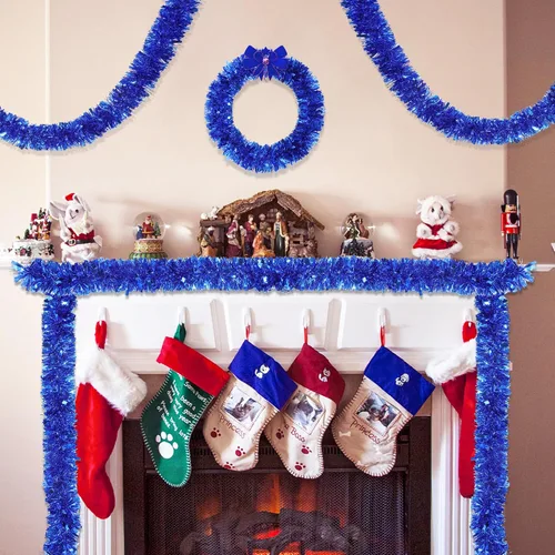 Vista 3 de Guirnalda de oropel azul metálica de 33 pies para árbol de Navidad, guirnalda brillante con torsión para decoraciones de árbol de Navidad, guirnalda