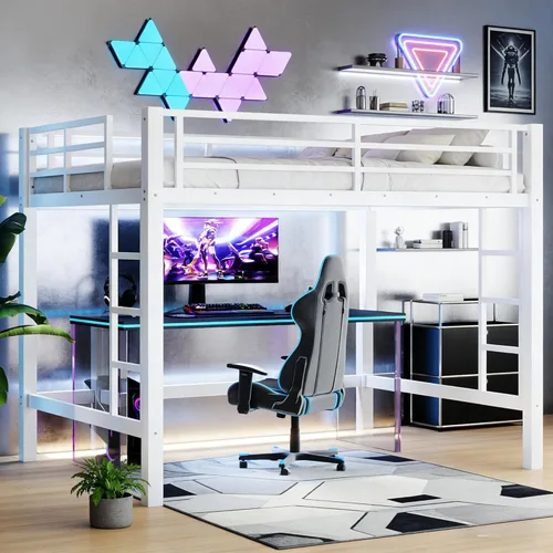 Vista 10 de Cama alta individual con escaleras, cama alta de metal individual con tapones antivibraciones y reducción de ruido, cama alta resistente