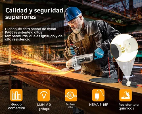 Vista 2 de Cable de extensión NEMA 5-15P con certificación UL para reparación de extremos de repuesto macho de 15 amperios, 110, 120, 125 voltios, 3 puntas, 2