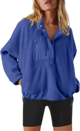 Vista 15 de Nirovien - Chaqueta de forro polar con capucha para mujer, manga larga, sherpa, sudadera mullida, abrigada, con botones y bolsillos Un rosa