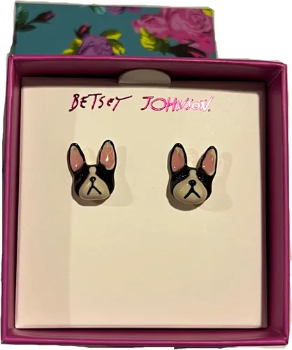 Vista 2 de Betsey Johnson Pendientes perforados de Bulldog Francés en blanco y negro, gran regalo para el día de la madre, idea de regalo para el día de San