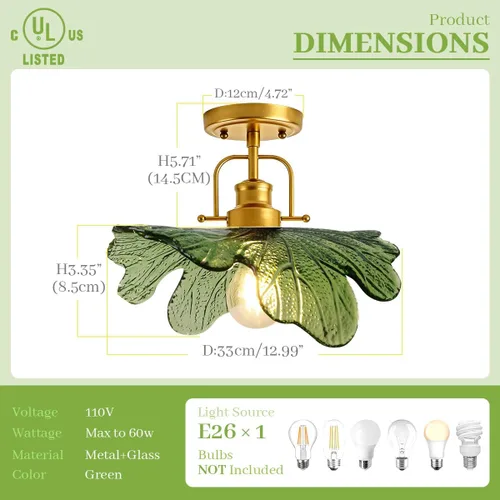 Vista 2 de Paquete de 2 lámparas de techo de cristal verde vintage, lámpara de techo semiempotrada, lámparas doradas para cerca del techo con pantalla