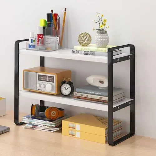 Vista 9 de Hbluefat Estante organizador de escritorio, 2 niveles, multiusos, estante de almacenamiento de mesa, pequeño estante de almacenamiento de encimera
