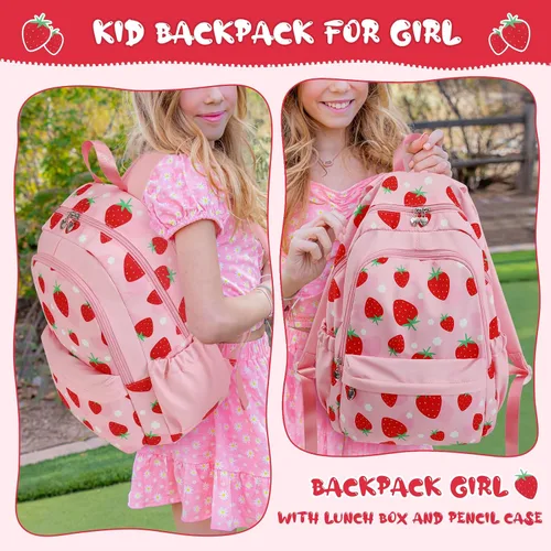 Vista 6 de Mochila para niñas, juego de mochila de unicornio para niños, mochila de escuela primaria primaria con lonchera y estuche para lápices, Rosado, Fresa