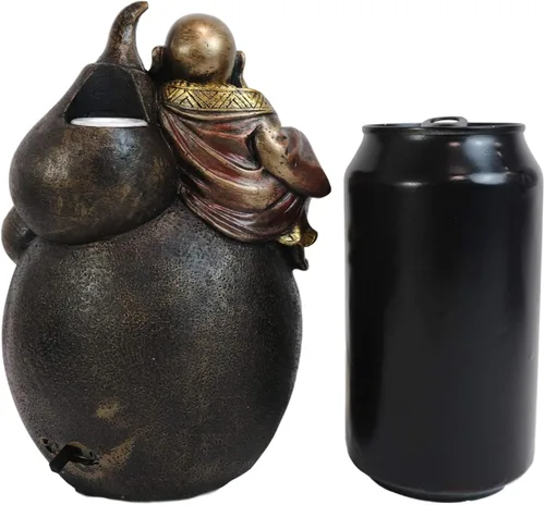 Vista 8 de Ebros Matreiya Laughing Buddha Hotei Sosteniendo lingote de oro sentado en cono gigante de calabaza de vino con cono de reflujo de fondo, estatua
