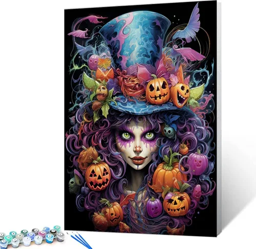 Vista 10 de Pintura por números retrato de niña con sombrero de mago Tucocoo, pintura DIY en lienzo con pinceles, pinturas acrílicas, calabaza de Halloween