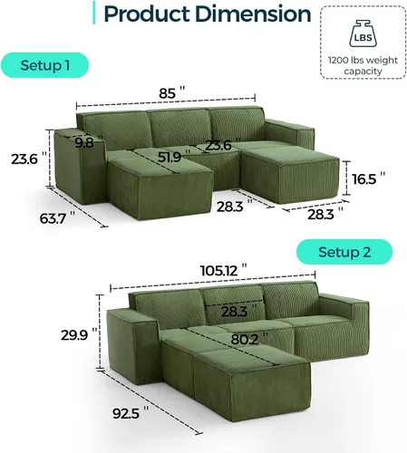 Vista 2 de LINSY HOME Sofá Seccional Modular, Sofá de 105" en Forma de U de 3 Asientos con 2 Otomanas, Sofás Seccionales de Pana Tipo Nube para Sala de Estar