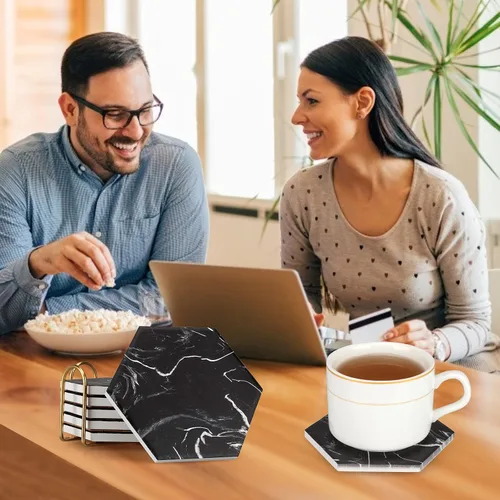 Vista 2 de Juego de posavasos de mármol negro fresco con soporte, posavasos hexagonales absorbentes de cerámica moderna, paquete de 6 posavasos de piedra