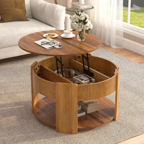 Vista 18 de Mesa auxiliar elevable con almacenamiento, moderna mesa central de 42 pulgadas con tres paneles de almacenamiento ocultos y estriados, elevación