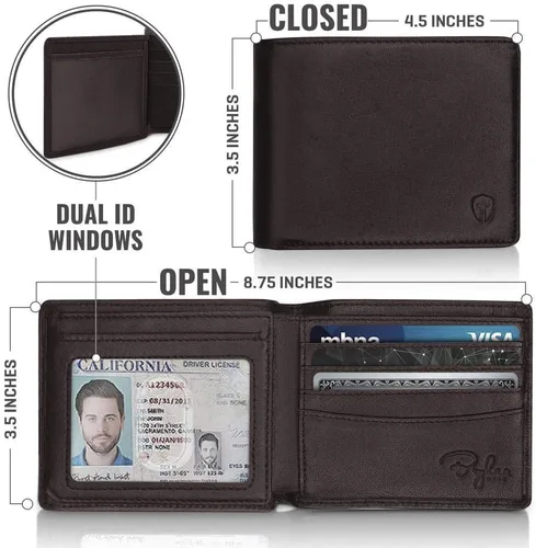 Vista 4 de Bryker Hyde Cartera RFID con 2 ventanas de identificación para hombres, plegable lateral, billetera de viaje de capacidad extra, marrón - piel