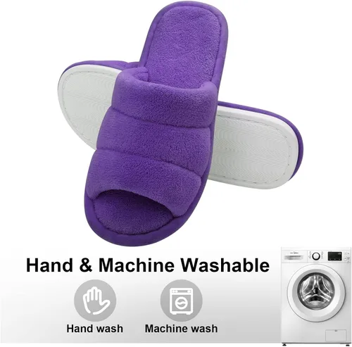 Vista 6 de shevalues Pantuflas de tela de rizo con punta abierta para mujer, pantuflas de espuma viscoelástica