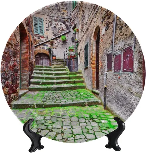 Vista 88 de Plato decorativo colgante de cerámica con temática de paisaje, plato decorativo redondo de plantas en maceta, con soporte decorativo, para sala