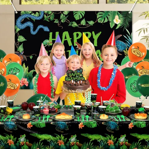 Vista 6 de KEFAN Decoraciones de fiesta de reptiles, lagartos de vida silvestre, serpientes, cocodrilos, suministros de vajilla para fiesta, incluyendo Fondo