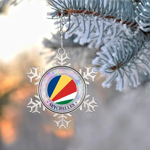 Vista 5 de Bandera de Seychelles - Adorno de Navidad personalizado de Seychelles 2023, recuerdo de viaje de ciudad, adornos de copo de nieve, adornos de metal