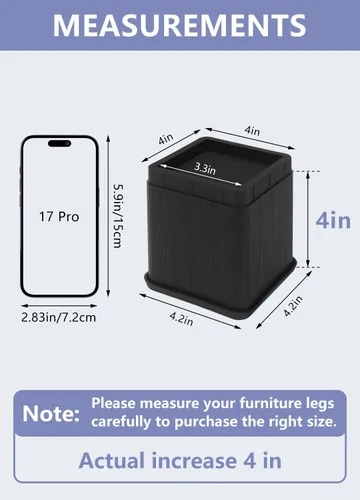 Vista 2 de Paquete de 4 elevadores de cama de 4 pulgadas resistentes, elevadores de muebles para dormitorio, tamaño individual XL, mesa, sofá, armario, marco