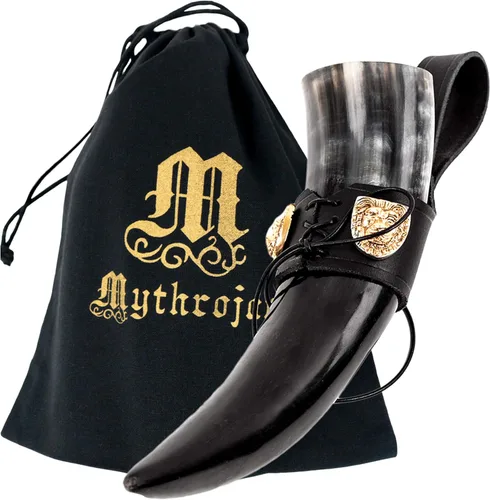 Vista 30 de Mythrojan Cuerno vikingo para beber 100% natural, auténtico, decoración de latón, cuerno nórdico con funda de cuero negro, bolsa de lona para vino