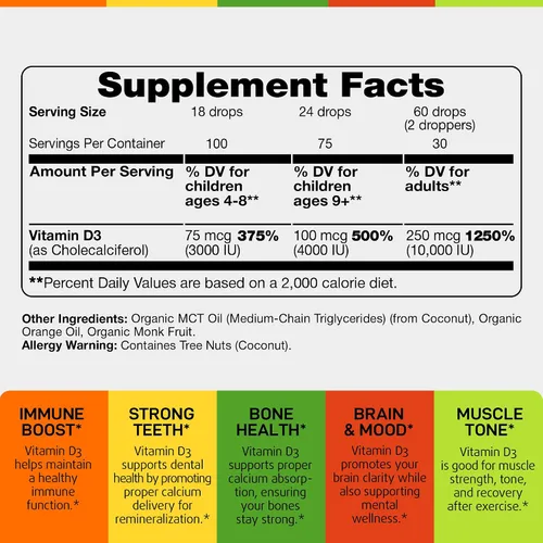 Vista 2 de Vitamina líquida D3 10000 UI (250 mcg) – Gotas de vitamina D orgánica USDA para adultos y niños – Vit D3 con aceite MCT para una mejor absorción