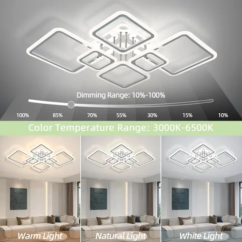 Vista 2 de Modernas luces LED de techo para dormitorio, 40.2 pulgadas, regulables, cuadradas, 6+1 anillos, luces de techo para sala de estar con control remoto