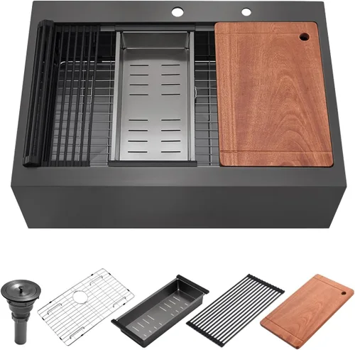 Vista 9 de Luckyhorse LH008SZ - Fregadero de cocina negro de 28 x 22 pulgadas con caída en la parte superior, estación de trabajo, fregadero de cocina