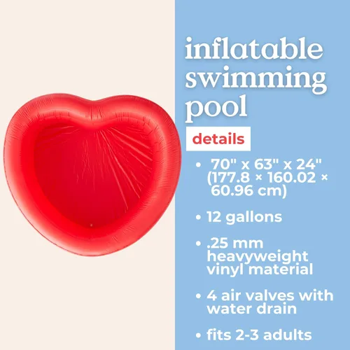 Vista 2 de Ban.do Piscina inflable formada novedad, corazón rojo Grande de 70 x 63 x 24 pulgadas con 4 válvulas de aire y orificio de drenaje, bonita