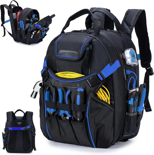Vista 9 de Mochila de herramientas resistente con 52 bolsillos, bolsa de herramientas para hombres, bolsas impermeables para electricista con compartimento