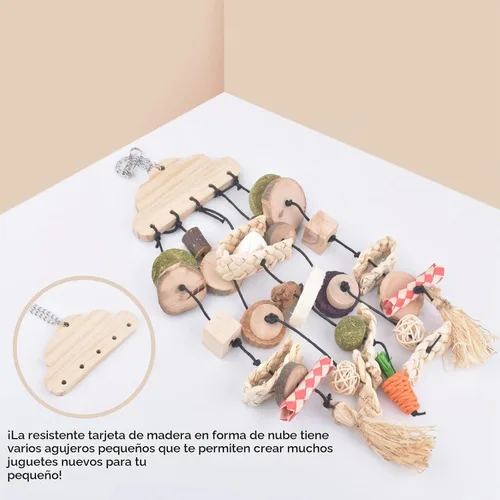 Vista 5 de Bissap Juguete Masticable para Conejos, Juguetes Masticables Colgantes para Jaula de Conejo y Golosinas de Madera con Aperitivos para Conejillos