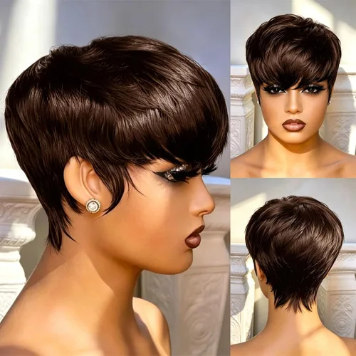 Vista 17 de YJOQOKOA Peluca corta de cabello humano estilo Bob para mujeres negras, pelucas de cabello humano con corte Pixie, sin pegamento, sin encaje X312 1B#