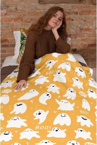 Vista 5 de Manta amarilla con diseño de fantasmas de dibujos animados, para mujeres y hombres, suave y acogedora manta de forro polar para sala de estar, cama